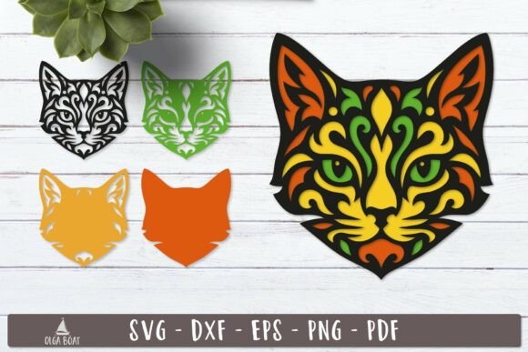 3D Cat Head Layered SVG Tribal Cat Face