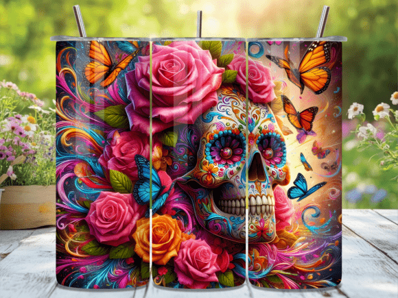 3D Rose Butterfly Skull Tumbler Wrap