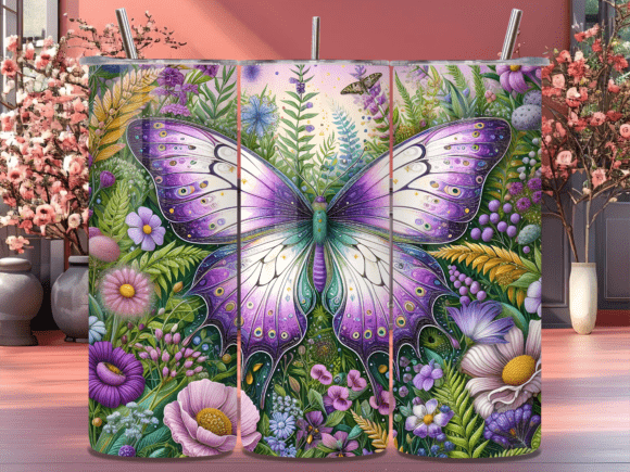 Transform Your Drinkware with the 3D Purple Butterfly Floral 20oz Tumbler Design
